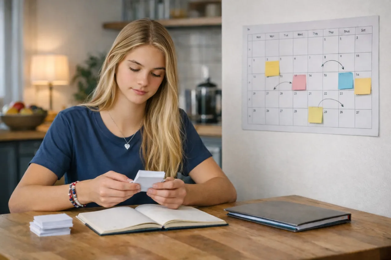 A teenager doing a short flashcard review at home with a notebook and a simple two-week study plan.