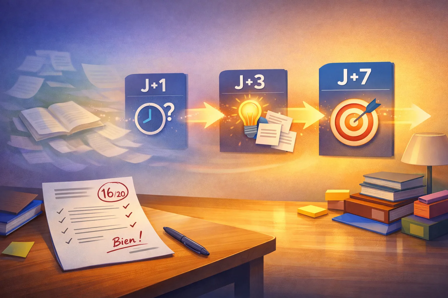 Illustration conceptuelle d’un lycéen juste après un contrôle, avec des éléments du cours qui s’effacent tandis que quelques repères de révision restent nets.