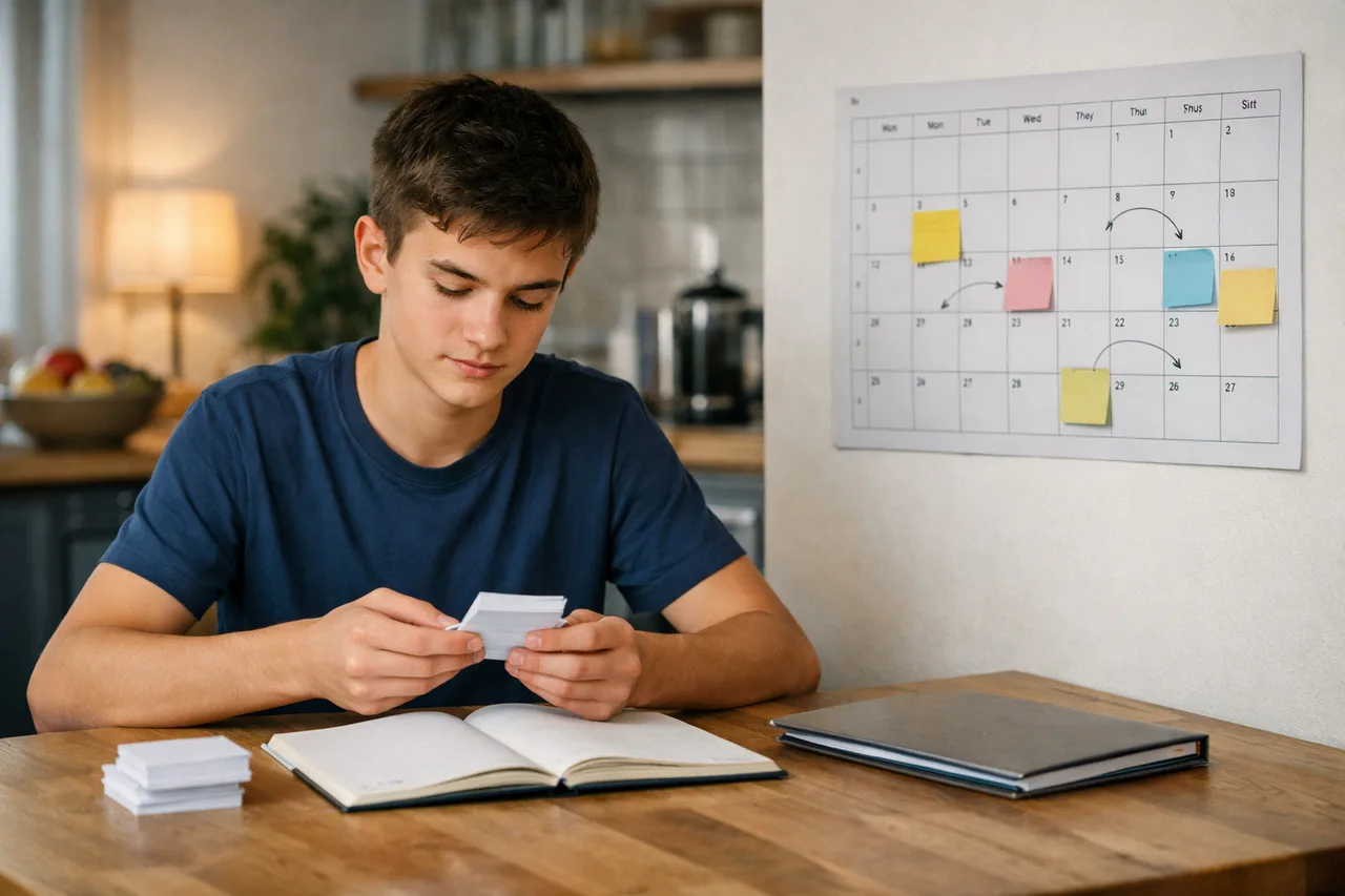 Un lycéen révise brièvement avec des cartes de rappel et un calendrier de révisions espacées sur deux semaines.