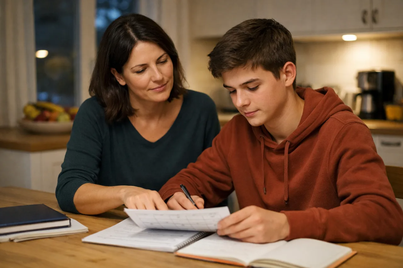 Un parent et son adolescent vérifient brièvement un planning de révision sans tension ni surveillance excessive.