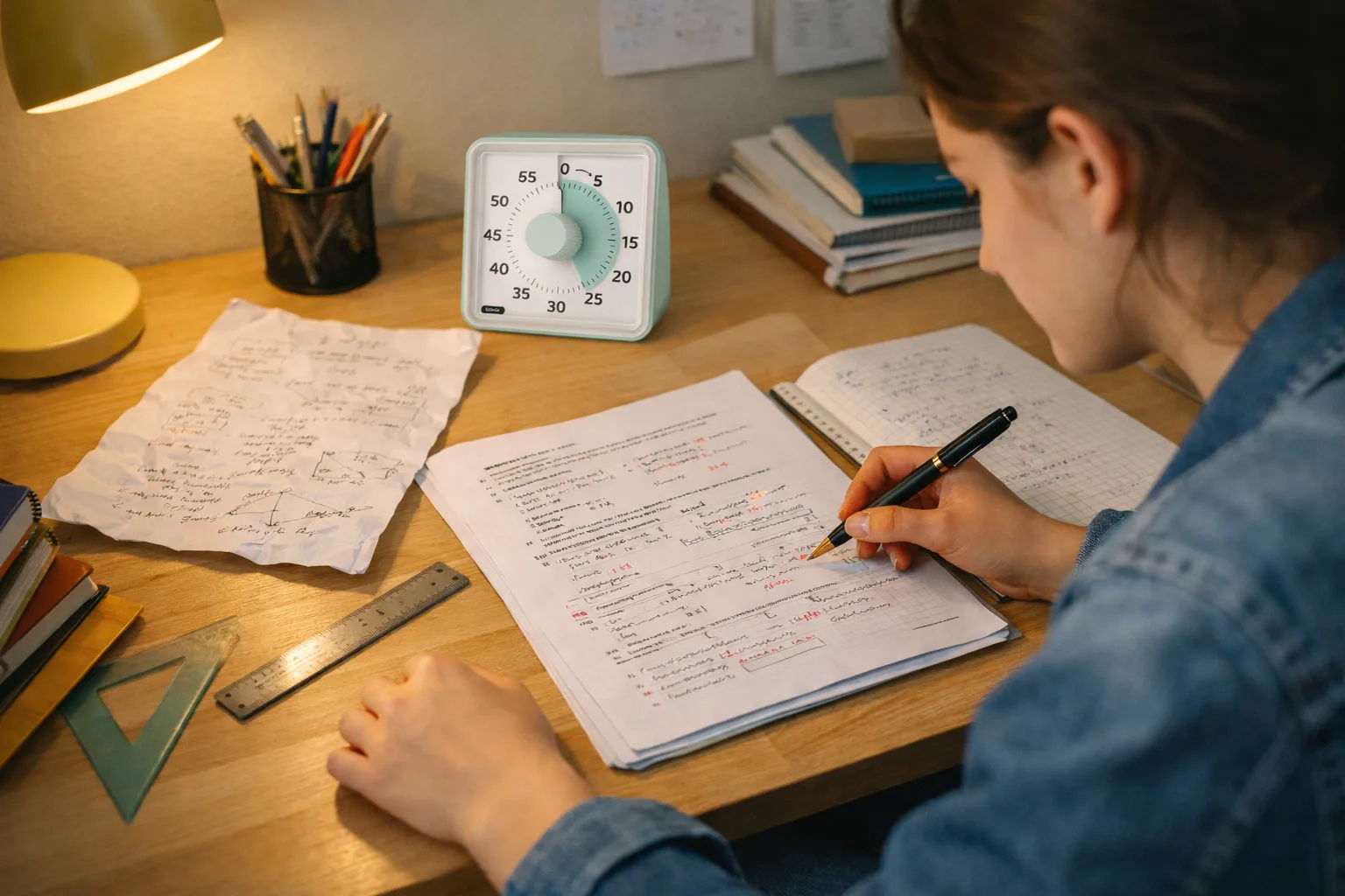 Adolescent en train de corriger un exercice de maths à son bureau, avec brouillon annoté et matériel de géométrie.