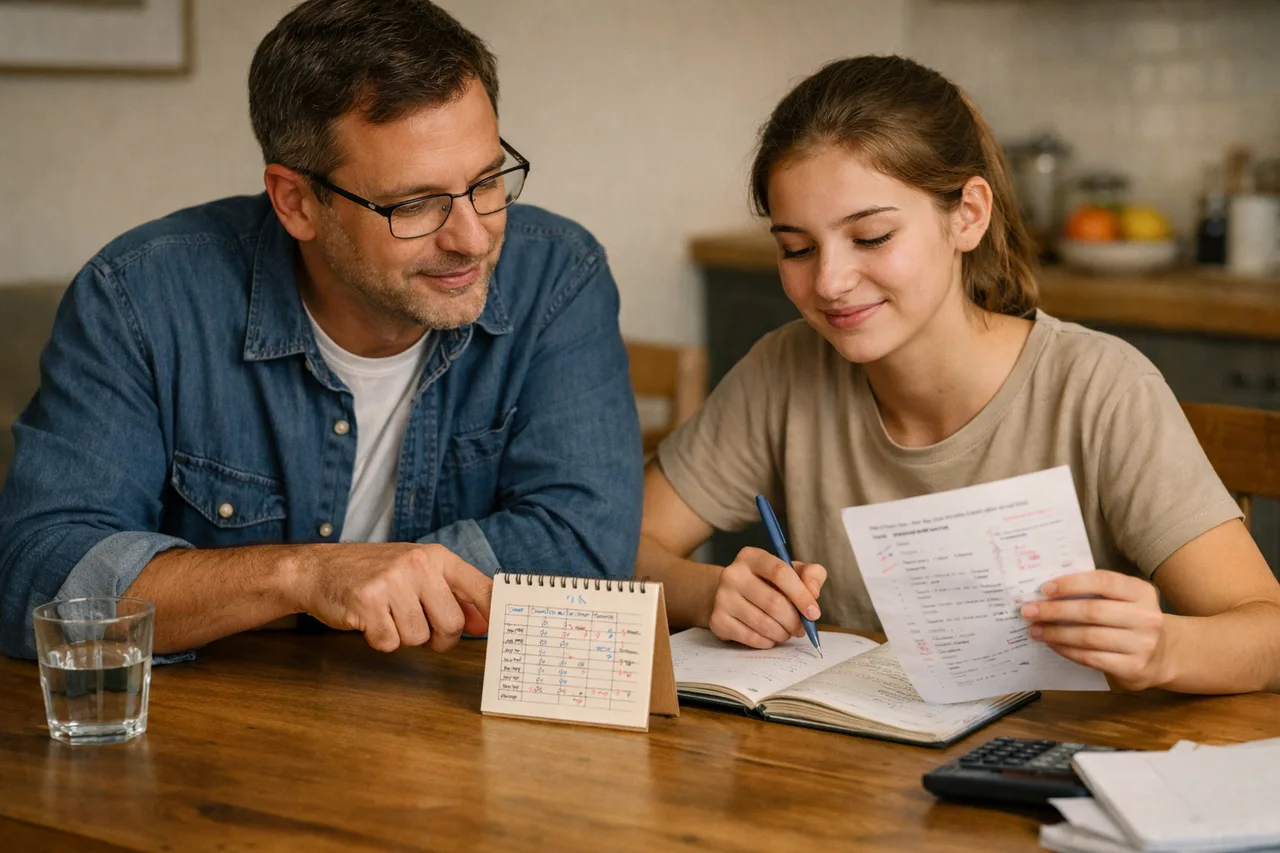 Parent et adolescent regardent ensemble un planning de révision de maths à la table de la maison, dans une ambiance calme.