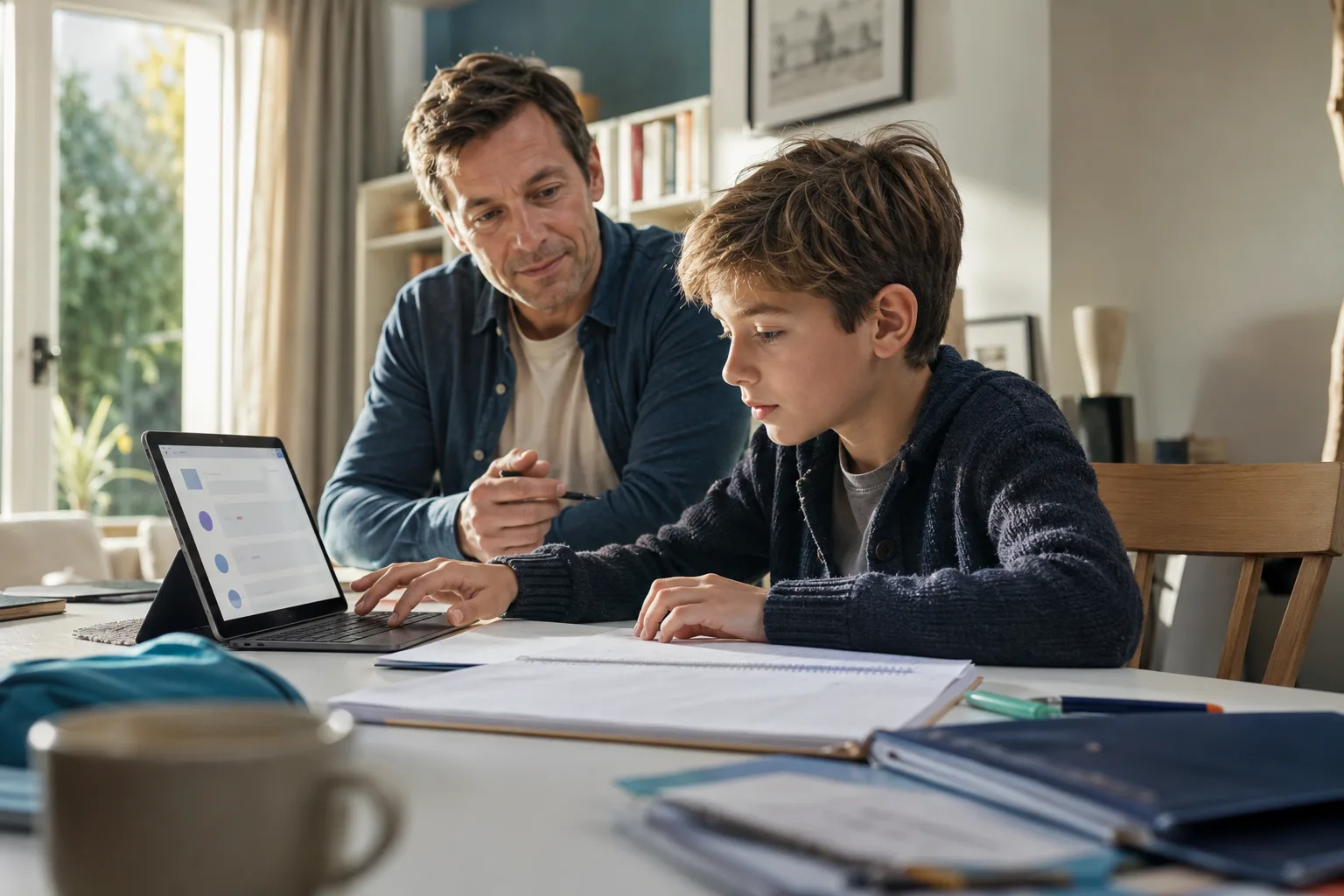A parent sits nearby while a student studies from an open notebook and a non-legible AI chat interface.