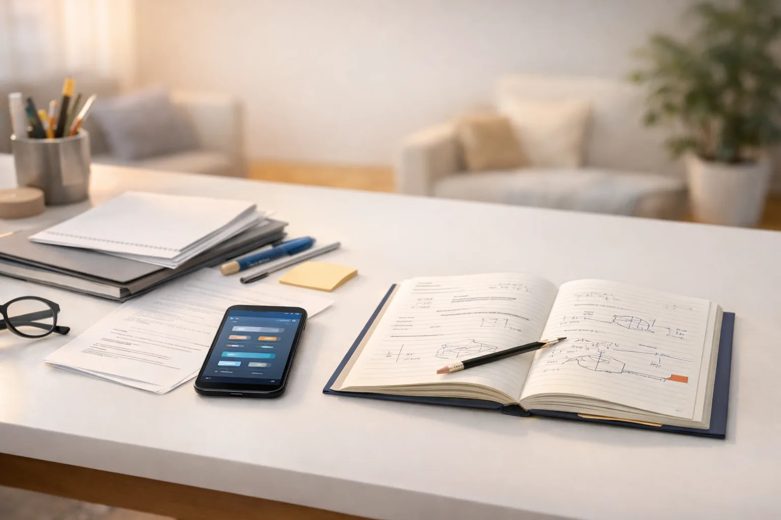 Bureau d’étude avec smartphone de révision, notes organisées et cahier ouvert sur un exercice encore bloqué.