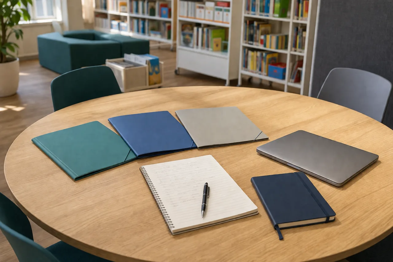 Ein vorbereiteter Beratungstisch mit drei Mappen, Notizblock und Stühlen für ein Schulgespräch.