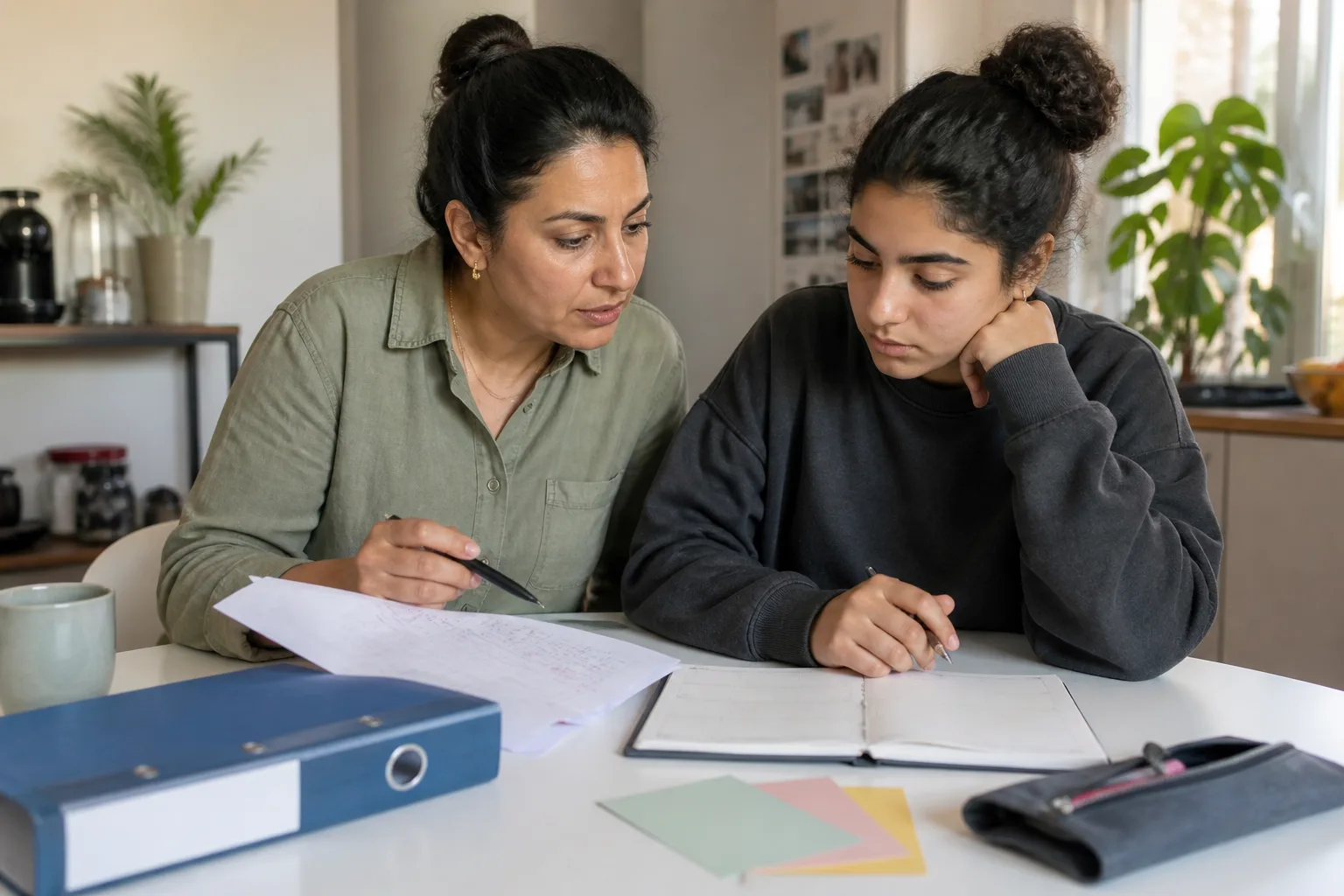 Elternteil und Jugendlicher sitzen zu Hause ruhig über einer korrigierten Vorabiturarbeit und einem Wochenplan.