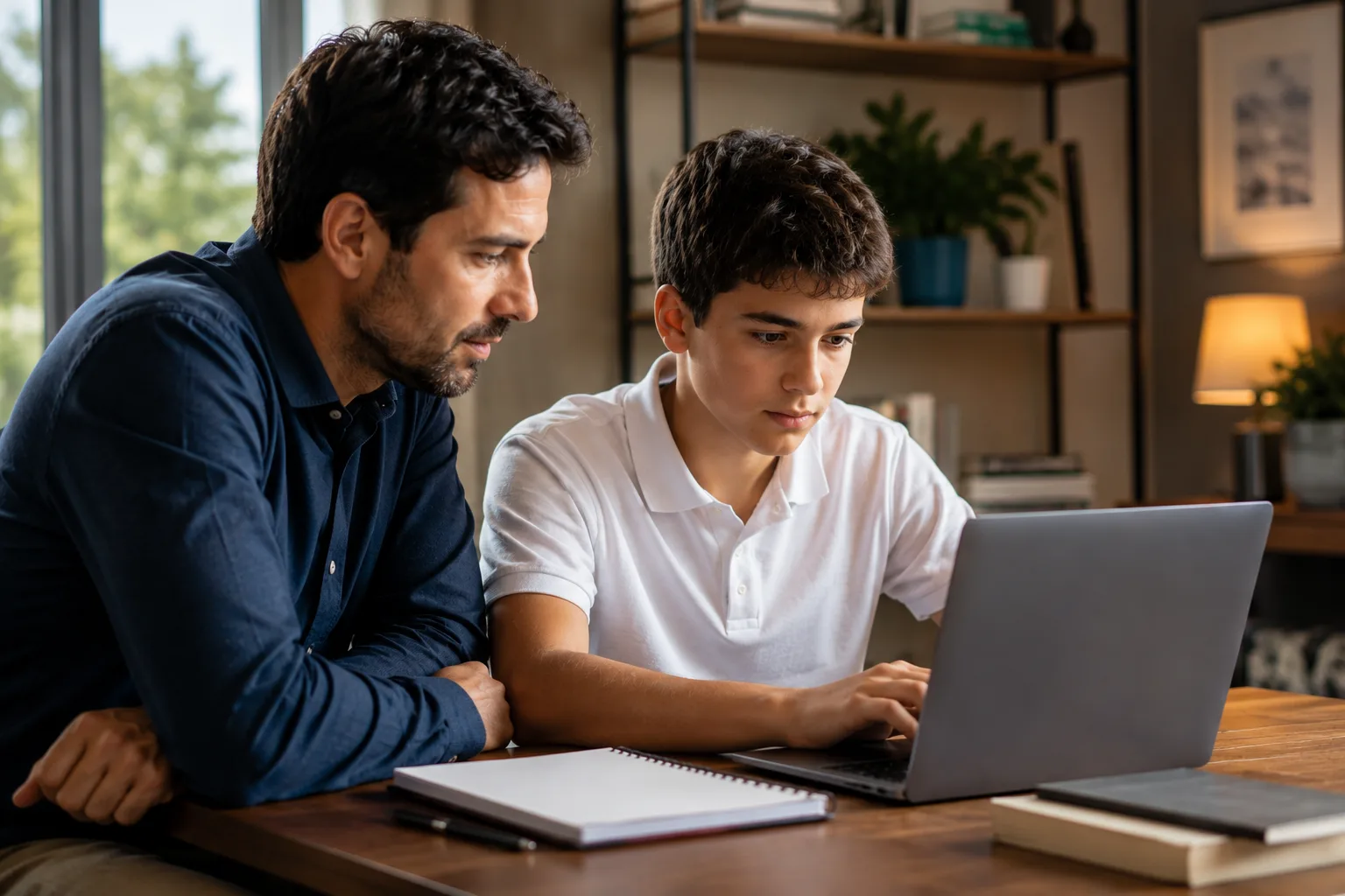 A parent and older teenager compare apprenticeship and university options at a family table.
