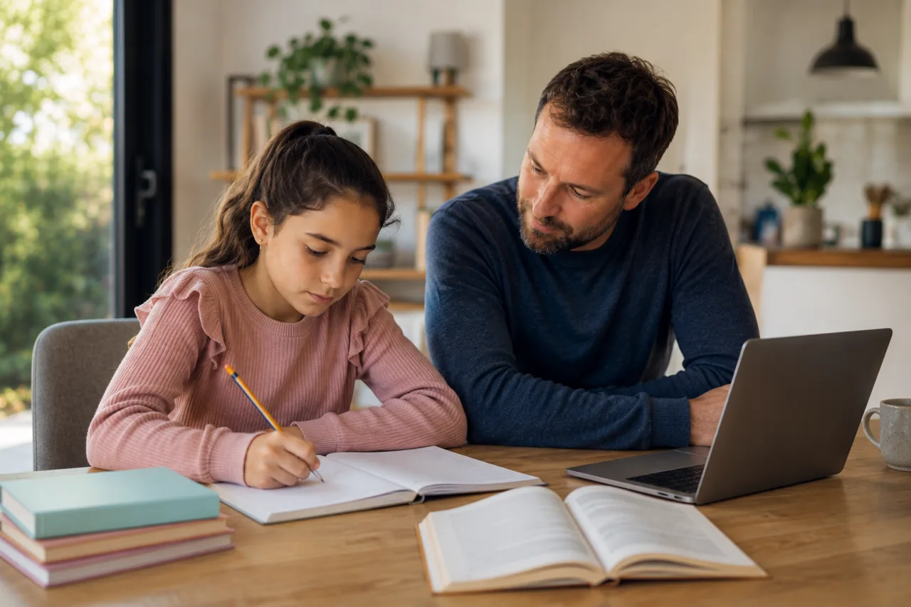 A laptop, offer documents and a checklist arranged on a family table for reviewing an apprenticeship offer.