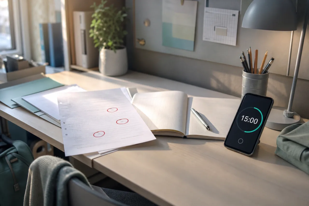 Arbeitsfläche mit korrigierter Aufgabe, geöffnetem Heft, Smartphone im Lernmodus und sichtbarem 15-Minuten-Timer.