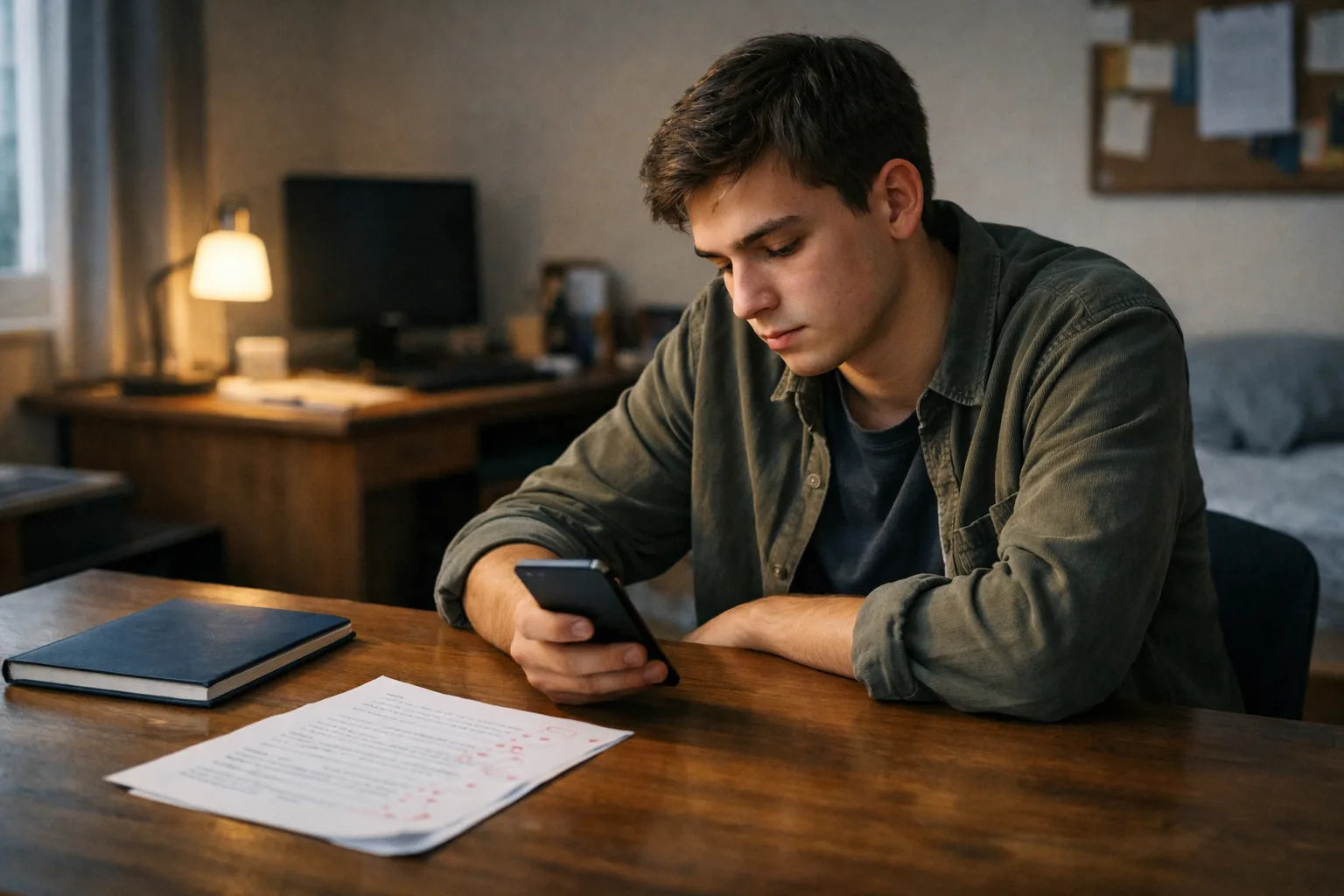 Un adolescent assis à son bureau regarde son téléphone à côté d’une copie corrigée et d’un cahier encore fermé.