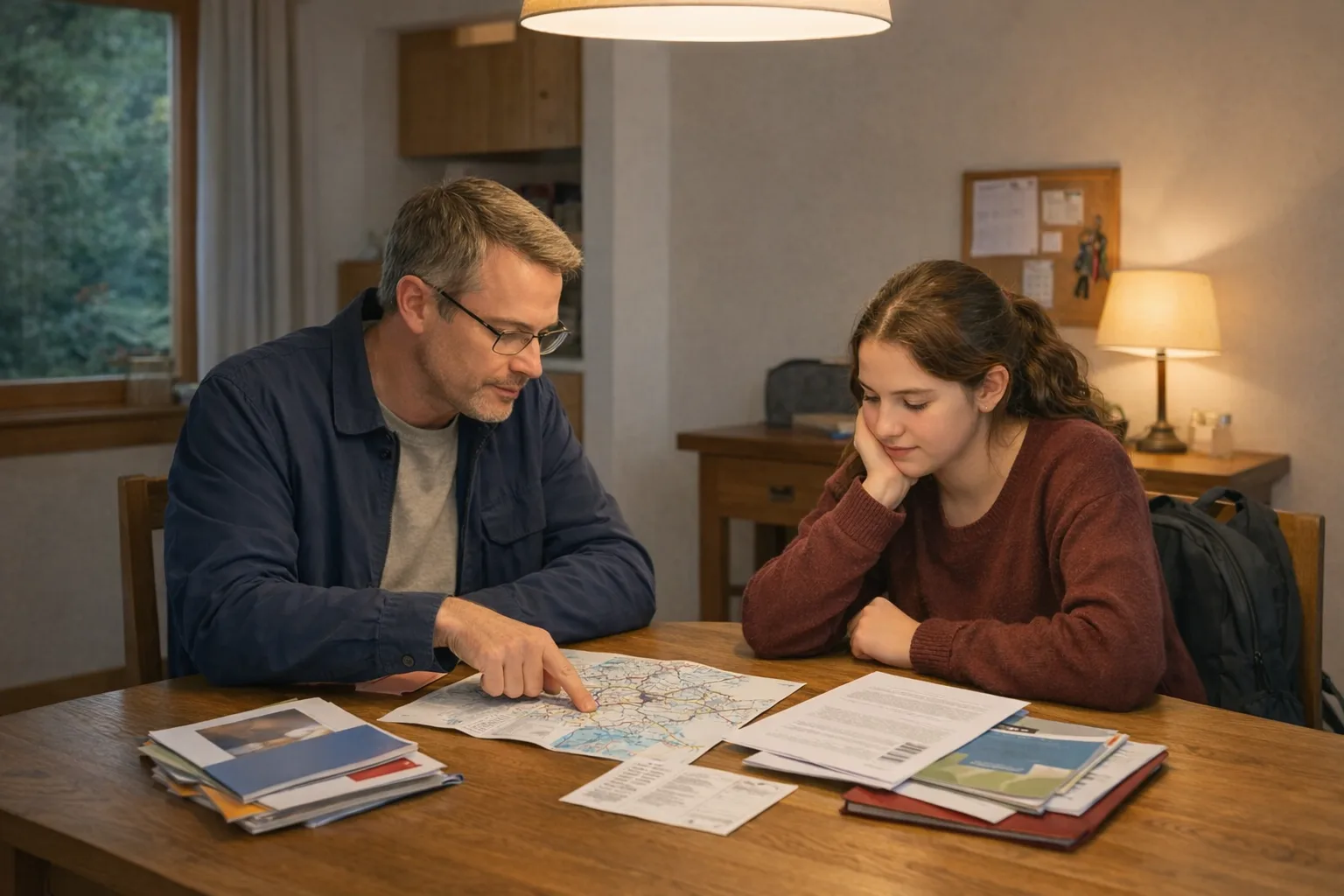 Un parent et un adolescent comparent deux options de lycée à la table de la maison, avec dossiers et trajet de transport.