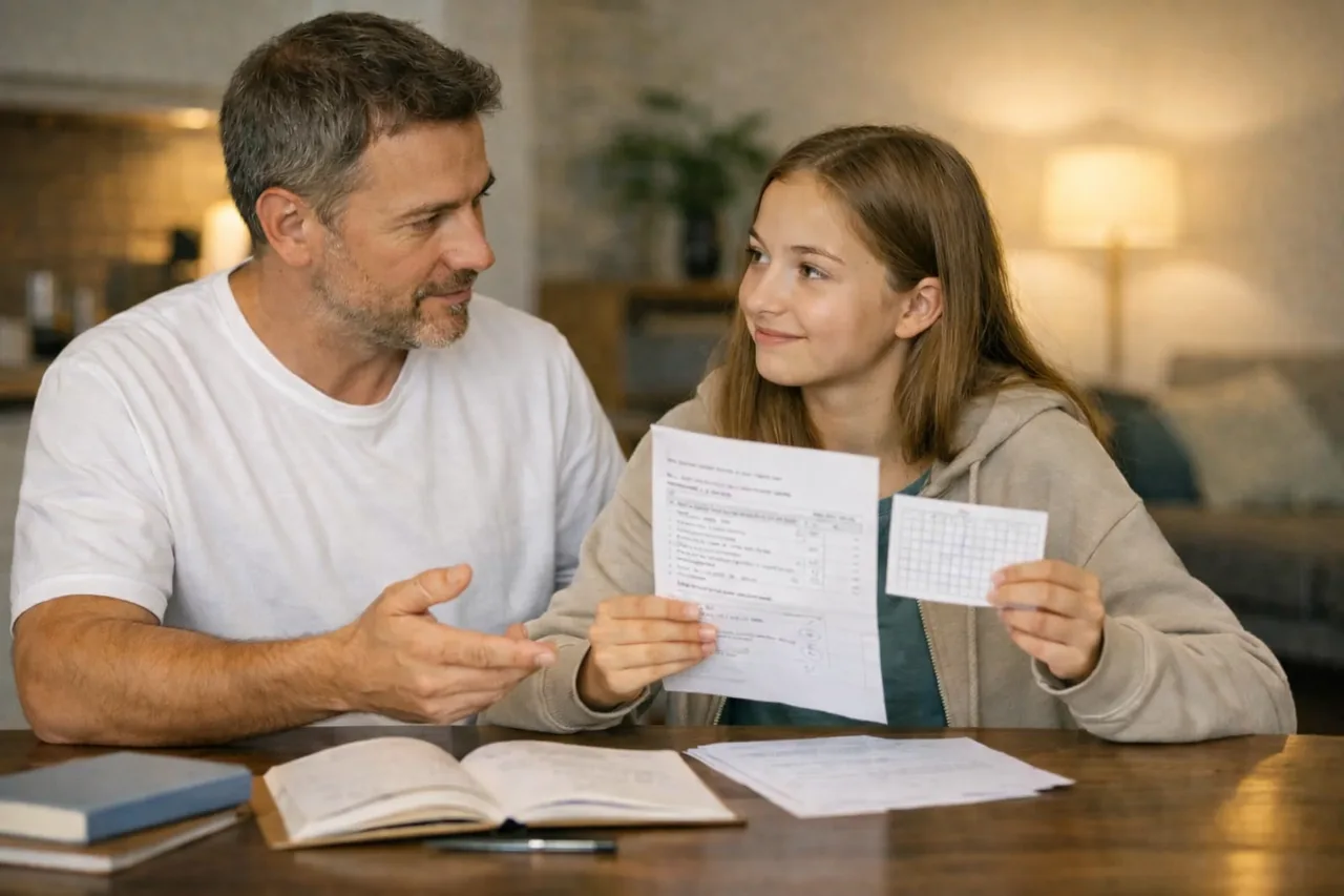 Ein Elternteil sitzt neben einem Jugendlichen oder einer Jugendlichen und schaut auf ein Blatt mit einer erneut gelösten Aufgabe und kurzer Lernübersicht.
