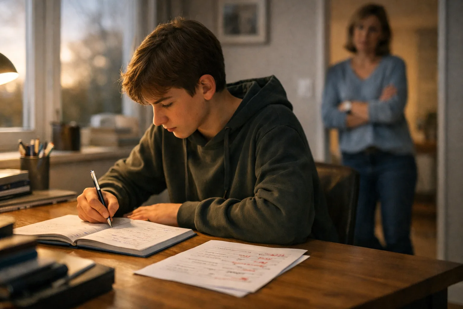 Ein geteilter Lernplatz zeigt links eine sichtbare Musterlösung und rechts dieselbe Schülerin oder denselben Schüler beim Lösen auf einem leeren Blatt ohne Vorlage.