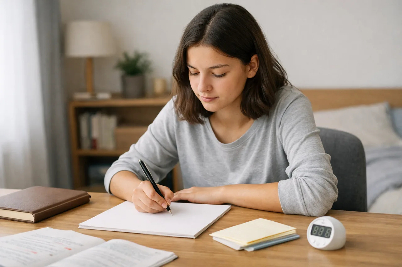 Eine Jugendliche oder ein Jugendlicher arbeitet auf einem leeren Blatt, während die Musterlösung seitlich liegt und ein kleiner 15-Minuten-Timer die kurze Übung markiert.