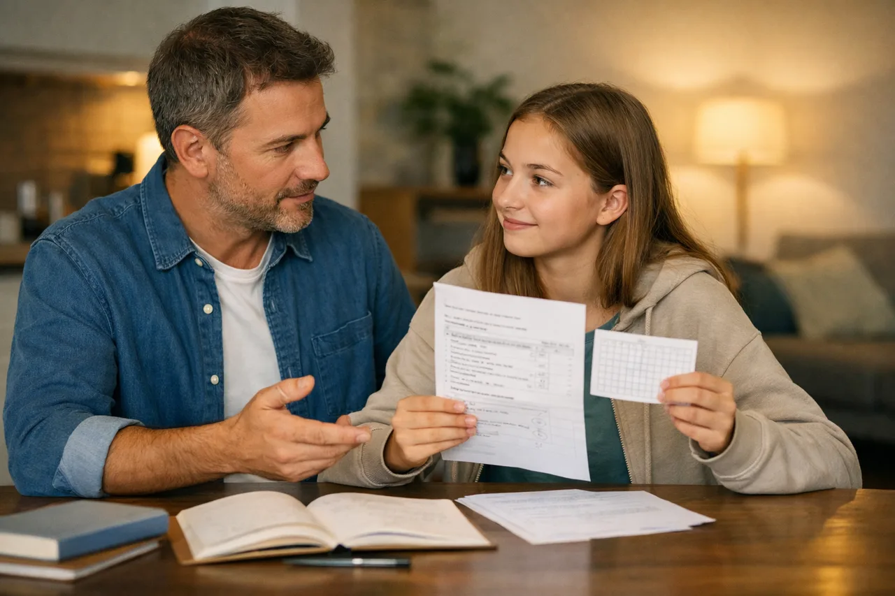 Un parent fait un bref point avec son adolescente sur un exercice refait sans corrigé, dans une ambiance calme.