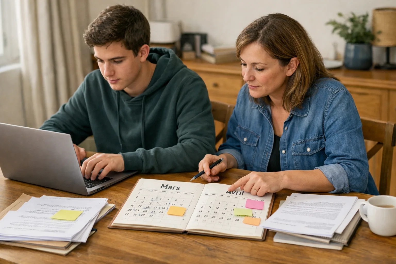 Parent et lycéen organisant calmement les tâches du dossier Parcoursup autour d’un ordinateur et d’un calendrier.