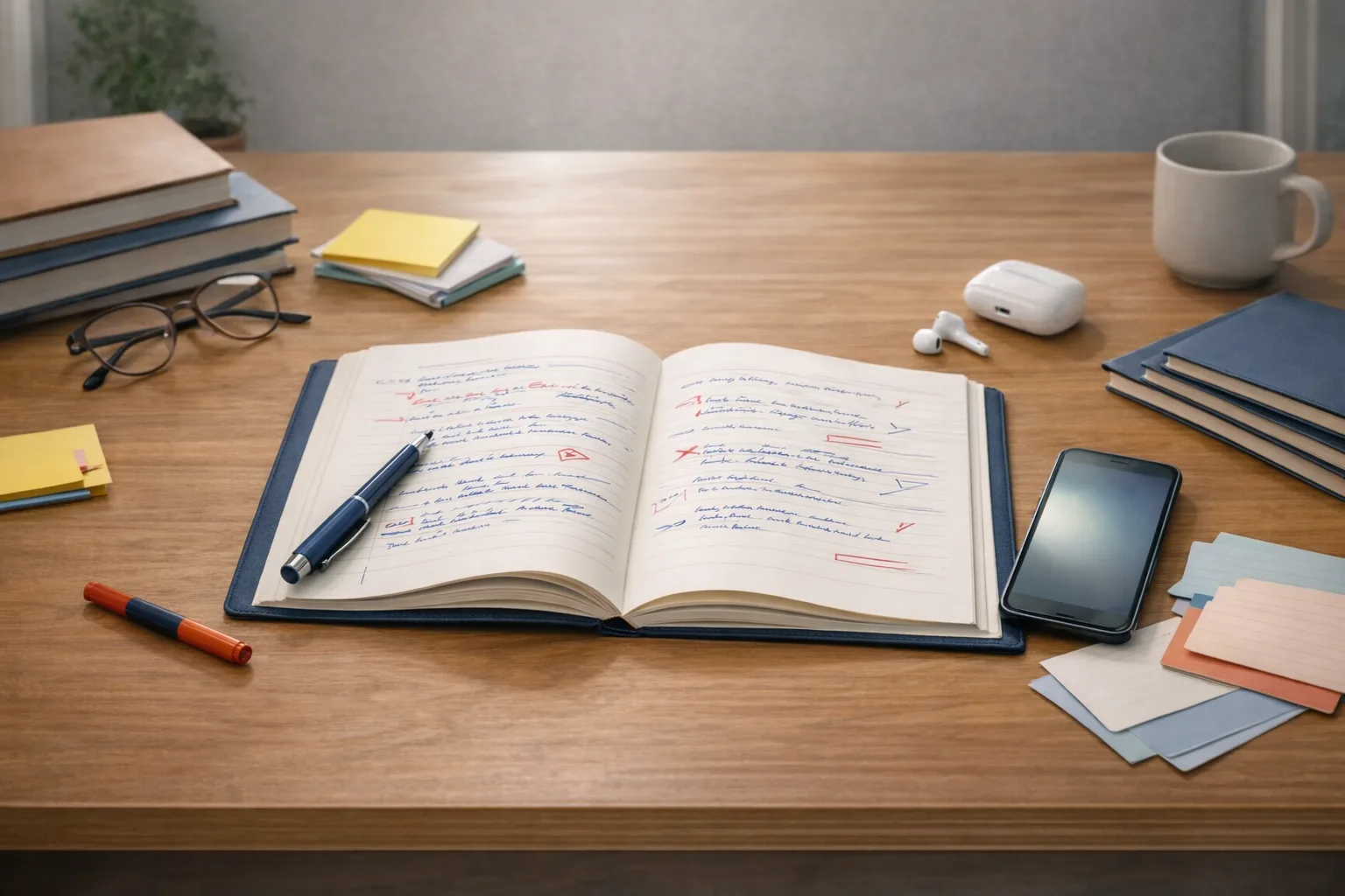 Un bureau d’étude montre un cahier ouvert, des annotations manuscrites et un smartphone de révision comme deux soutiens complémentaires.