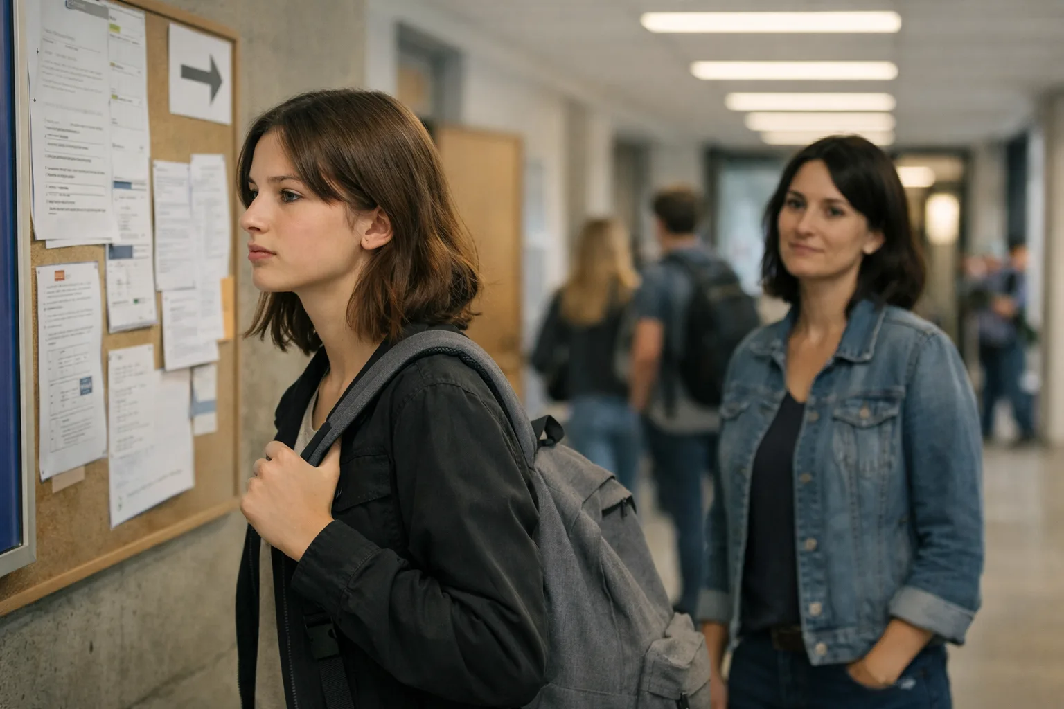 A student hesitates briefly inside a new school entrance hall while a parent stays nearby in the background.