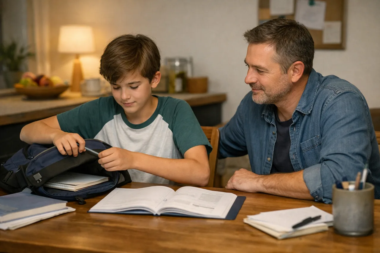 Parent et adolescent installent calmement le démarrage du travail du soir autour d’une table familiale.
