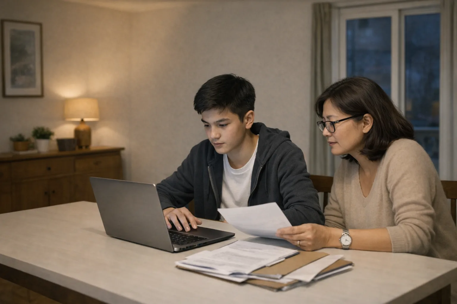 Un lycéen et un parent relisent calmement un dossier Parcoursup à une table avec un ordinateur portable et quelques documents triés.