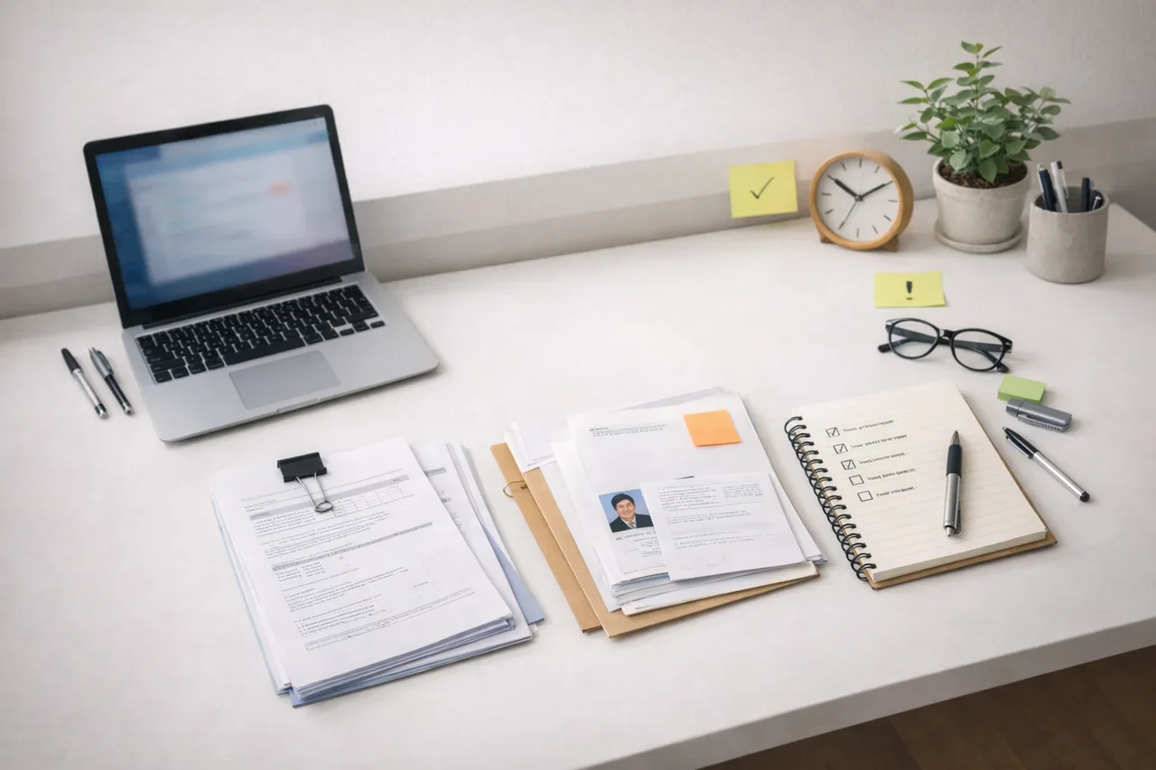 Bureau organisé avec ordinateur et documents prêts pour la confirmation d’un dossier Parcoursup.