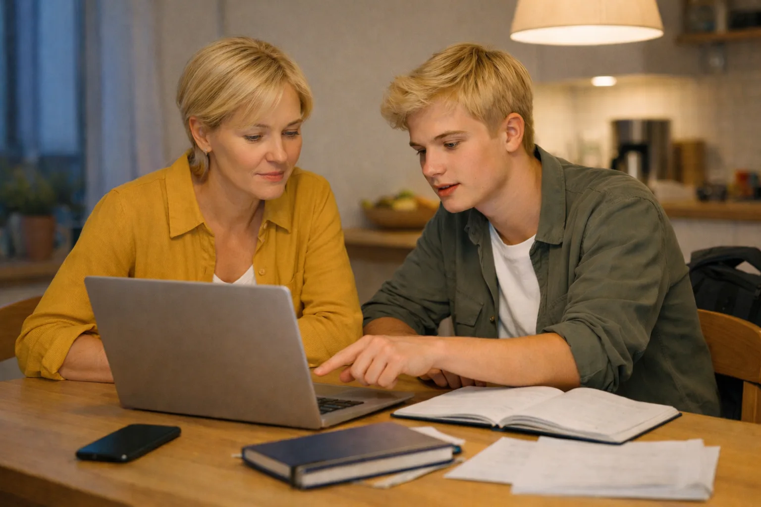 Un parent et un adolescent consultent calmement un ordinateur et un téléphone pour parler de la scolarité autour d’une table familiale.