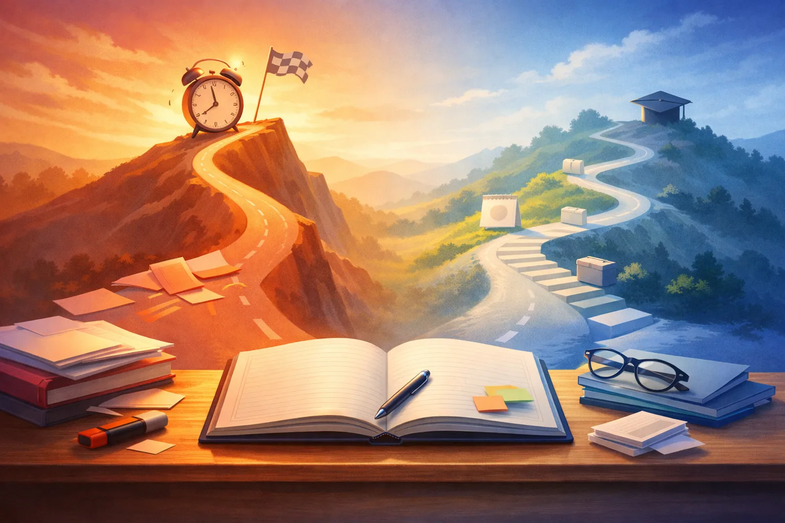 Concept visuel opposant une préparation intensive avant examen à une progression régulière sur l’année.