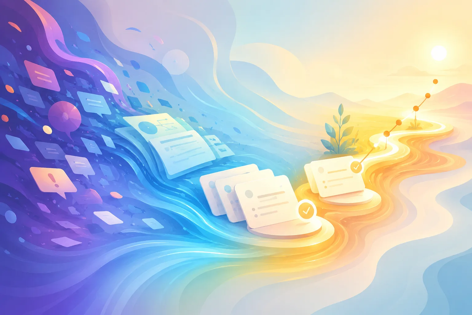 Conceptual illustration contrasting a scattered revision app interface with a clearer structured learning path.