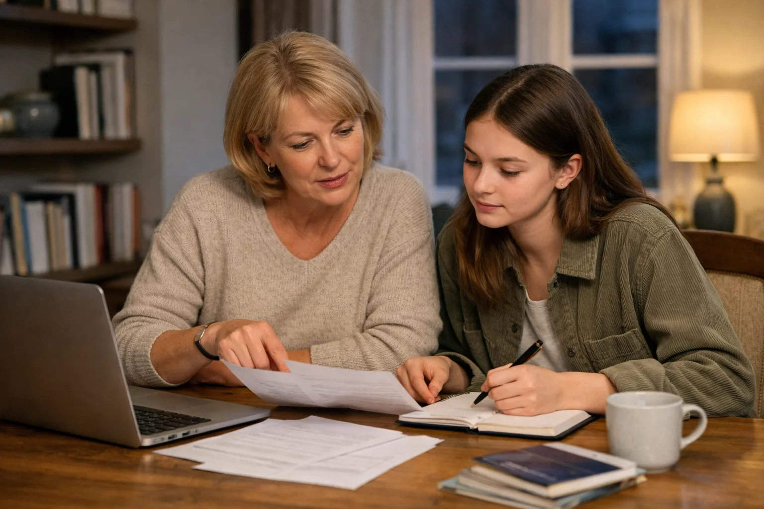Parent and sixth-form student comparing university course information together at a table.