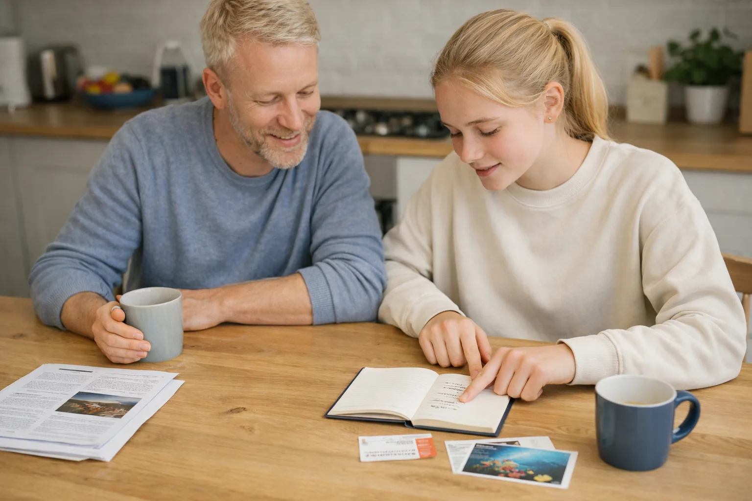 A parent and a teenager look at a newspaper supplement, an illustrated book and a map together at a dining table in a calm home setting.