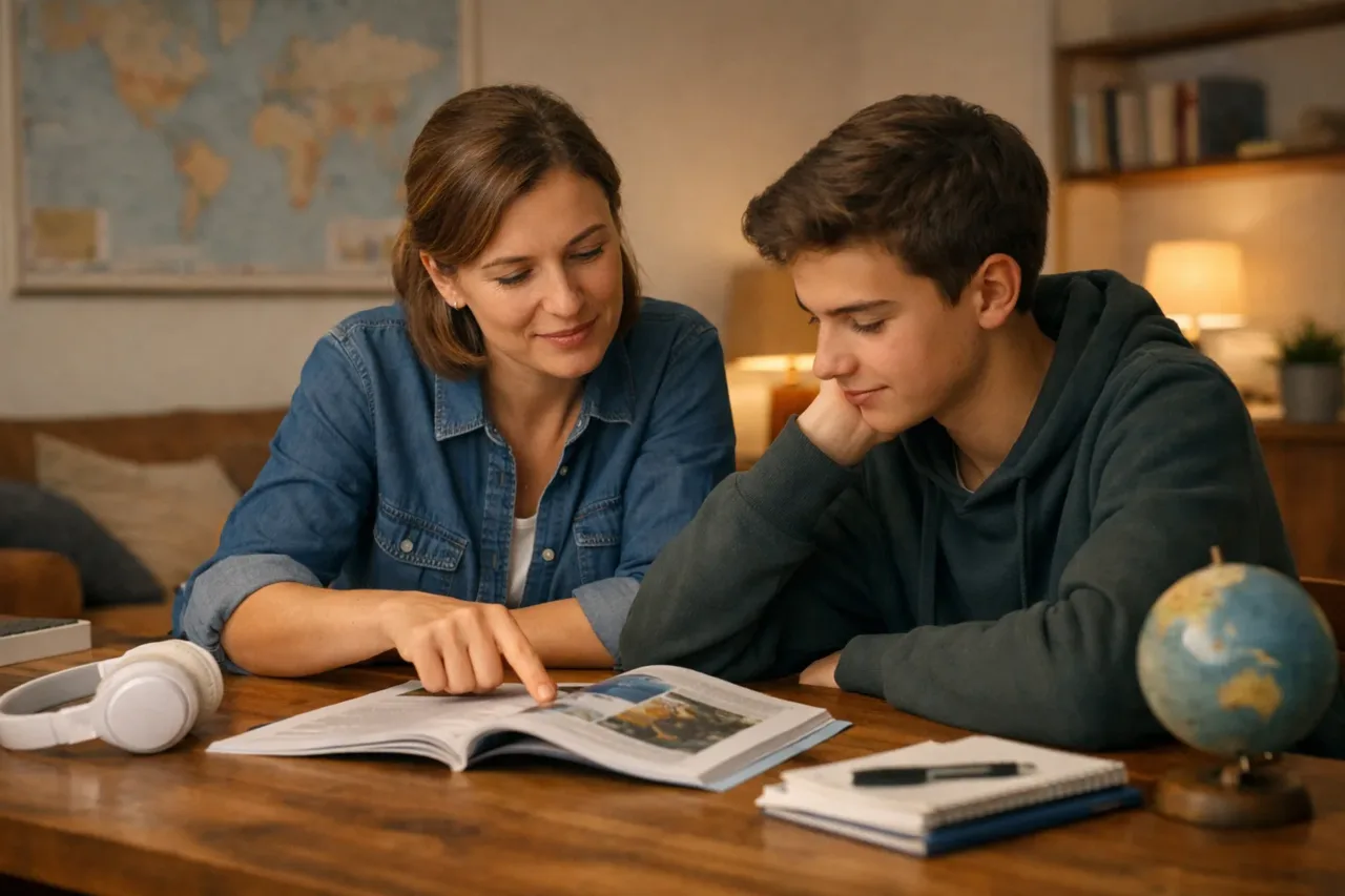 A parent and a teenager set up a simple weekly learning ritual with an article, a notebook and a museum ticket at a kitchen table.