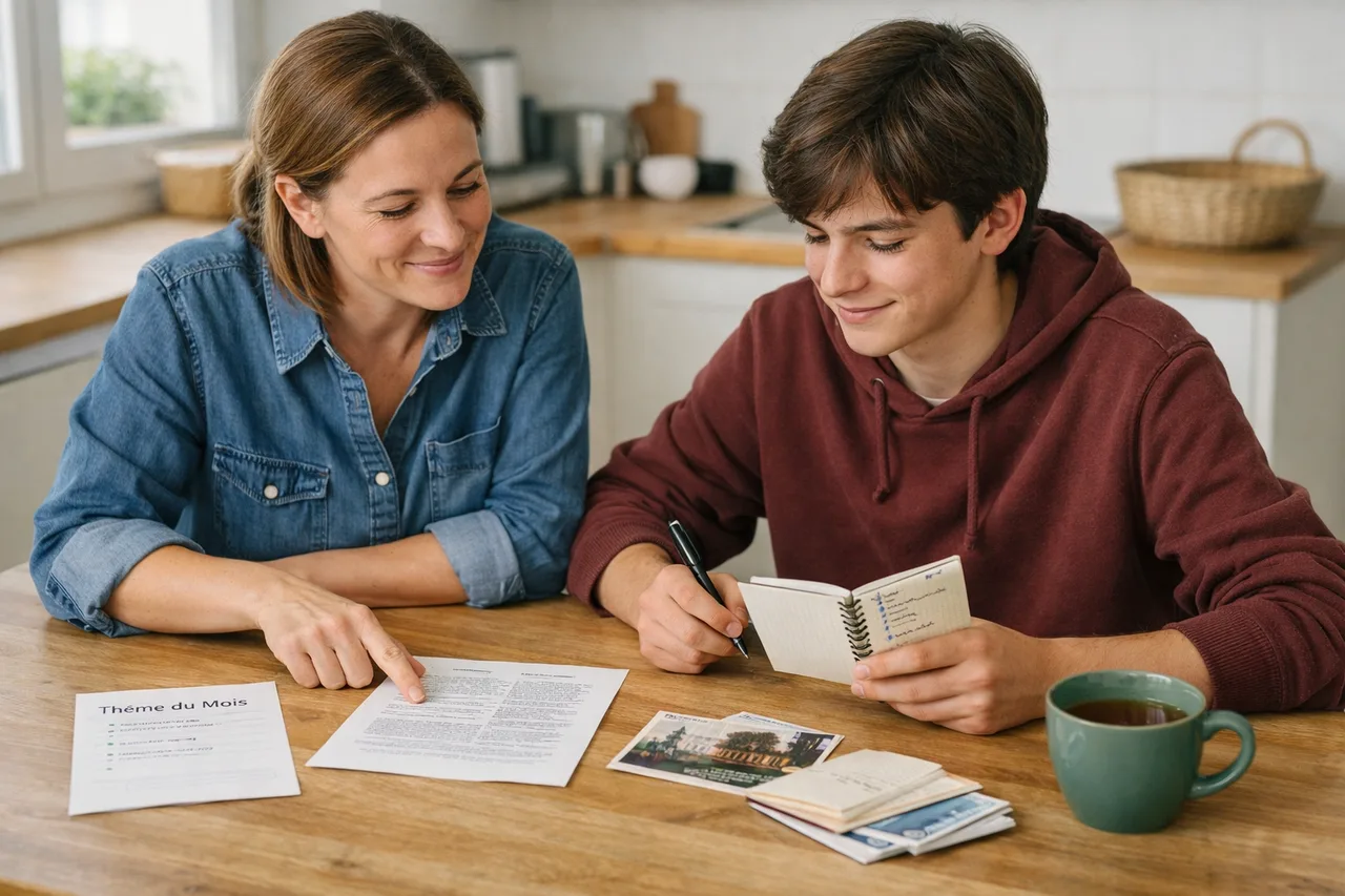 Un parent et un adolescent organisent simplement un rituel familial autour d’un article et de quelques notes.