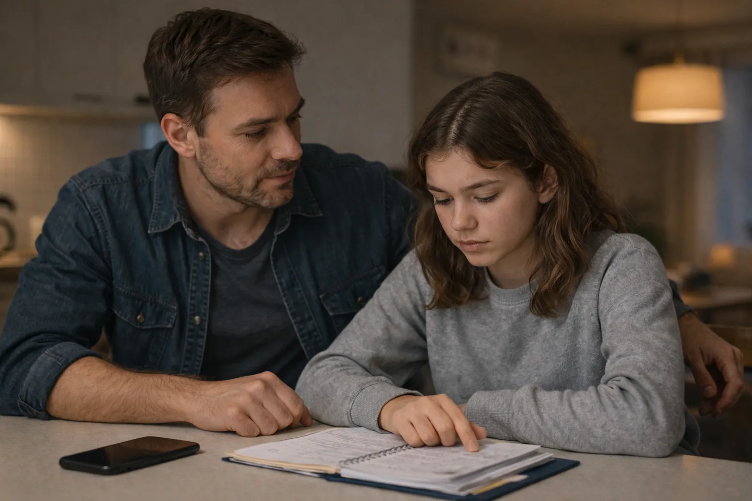 Un parent et un adolescent assis côte à côte à une table, avec un téléphone posé face cachée dans une lumière de soirée calme.