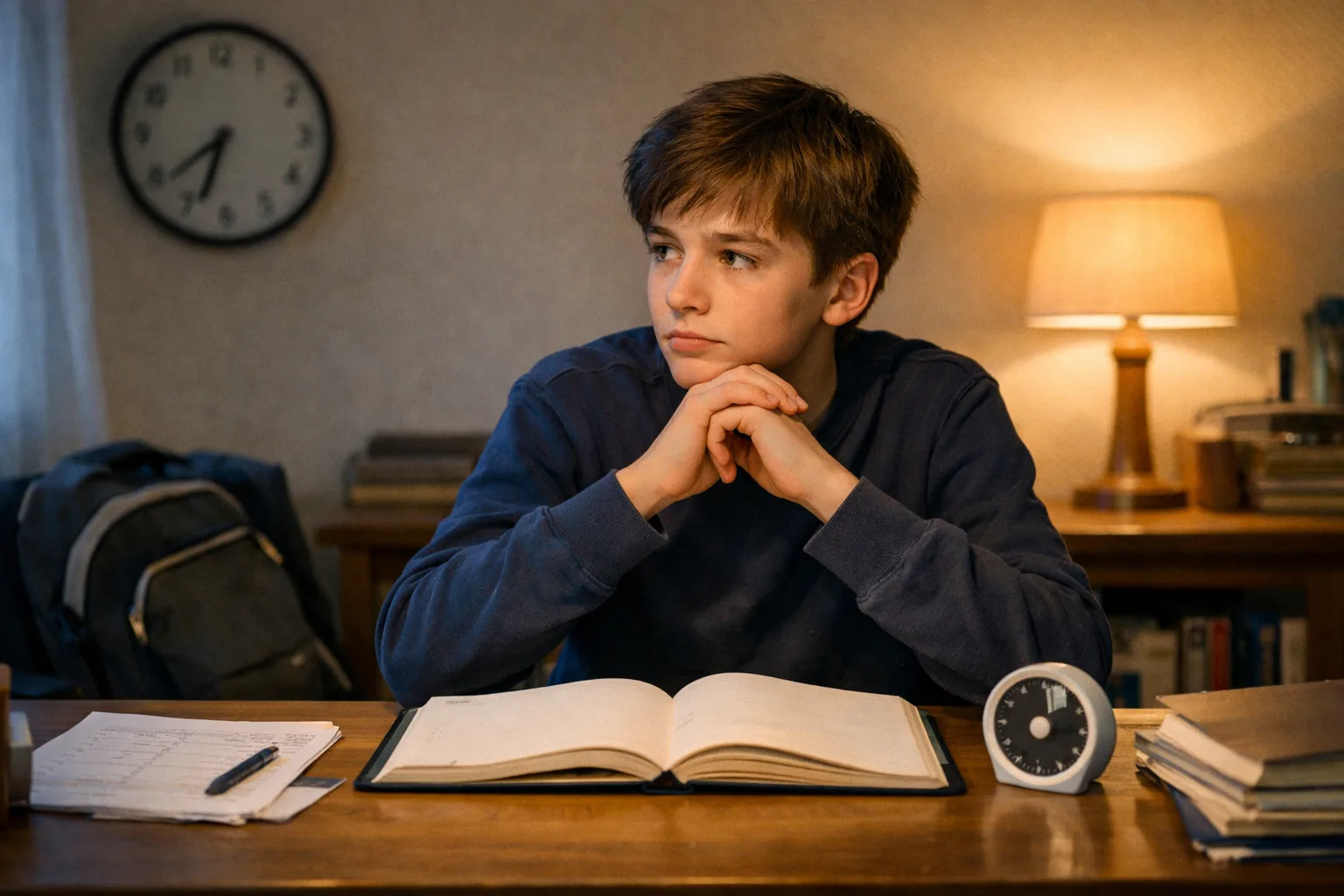 Un adolescent hésite à commencer son travail scolaire à son bureau en début de soirée, avec un cahier ouvert et un minuteur visible.