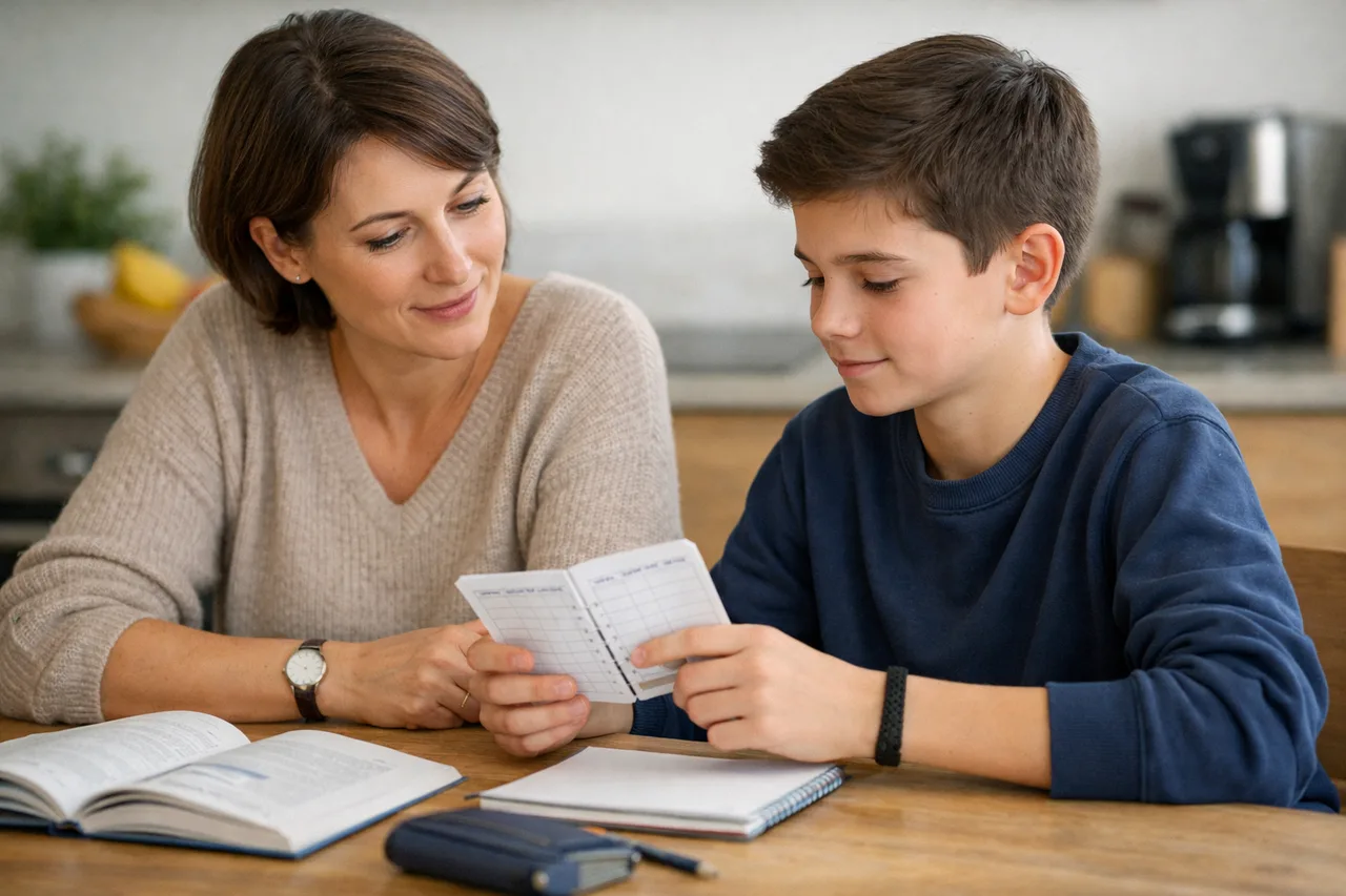 Un parent et son adolescent font un bref point calme sur un suivi de travail, sans tension ni surveillance lourde.