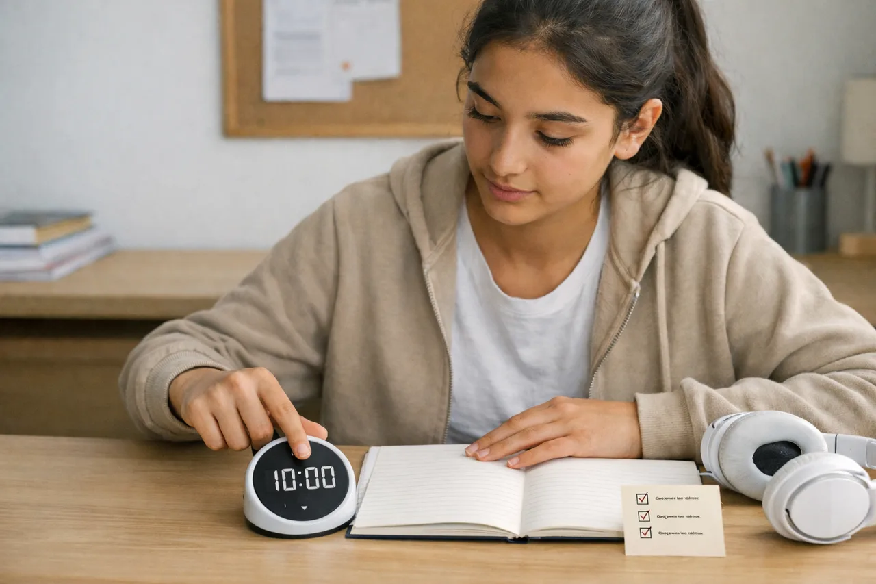 Un adolescent lance un minuteur de dix minutes et ouvre un cahier pour commencer une courte séance de travail.