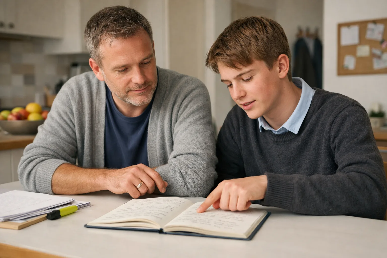 A parent and a teenager calmly look at an open notebook together after a revision session.