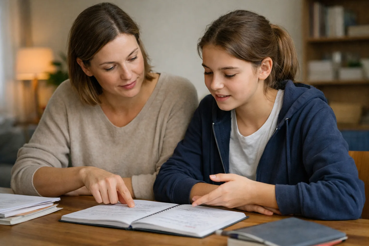 Un parent et un adolescent regardent calmement un cahier ouvert pour vérifier ce qui a vraiment été travaillé.