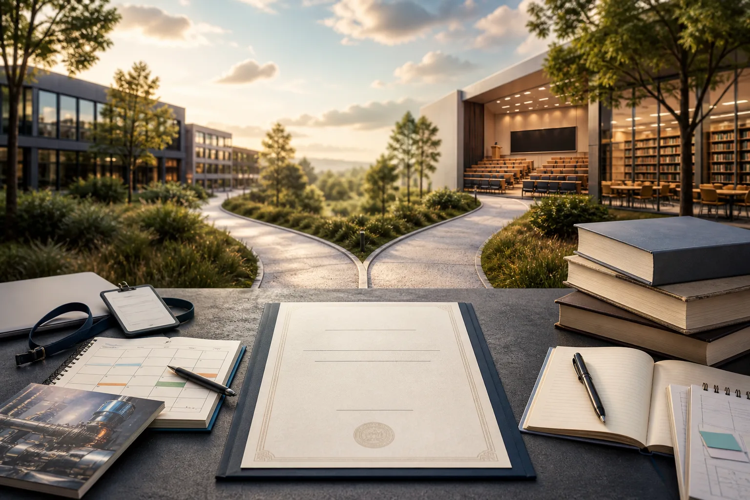 Konzeptbild mit zwei gleichwertigen Wegen nach dem Abitur: duales Studium mit Praxisbezug und klassisches Universitätsstudium.
