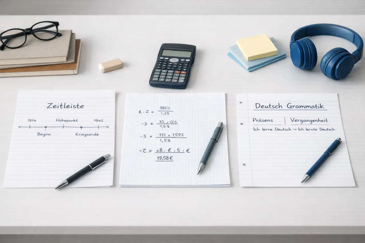 Verschiedene Lernmaterialien zeigen nebeneinander, wie Stoff je nach Fach unterschiedlich nachbereitet wird.