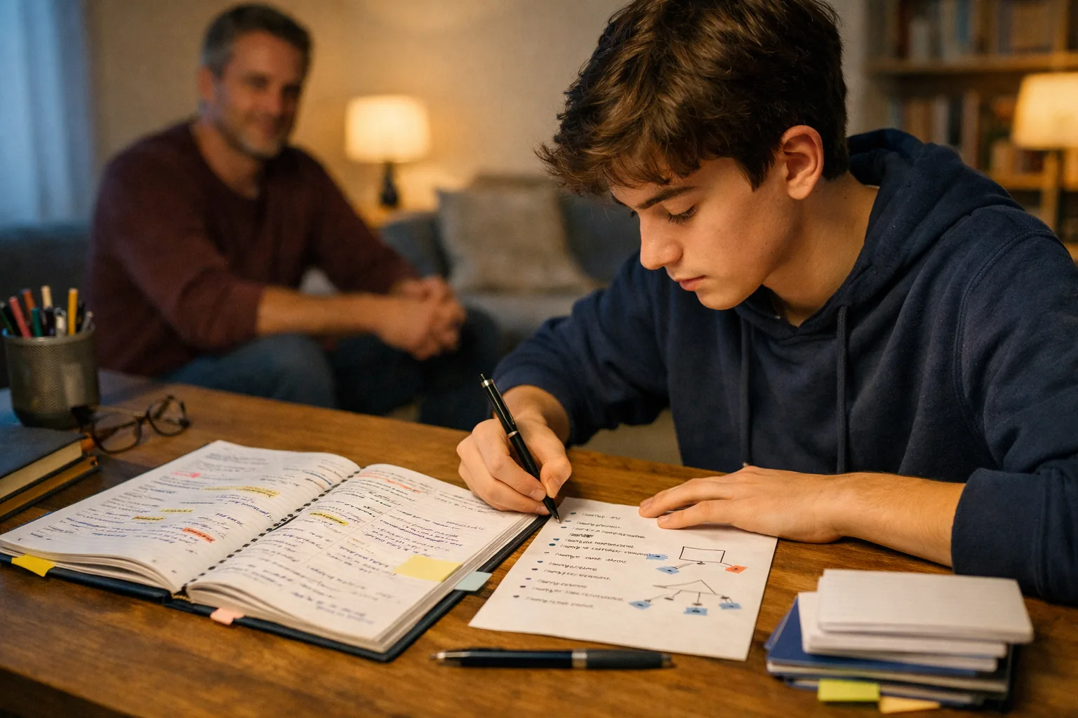 Ein Schüler oder eine Schülerin bereitet den Unterrichtsstoff des Tages in kurzer Form nach, während ein Elternteil im Hintergrund ansprechbar bleibt.