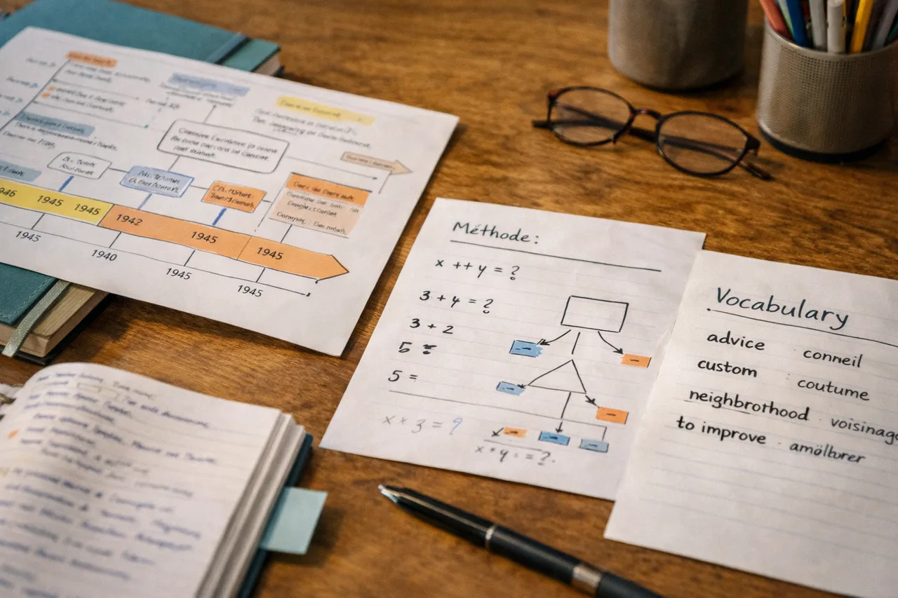 Plusieurs supports de révision montrent comment un même cours se transforme différemment selon la matière.