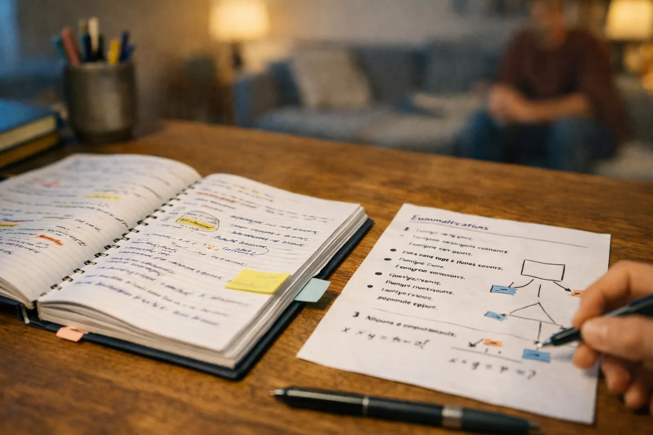 Eine Arbeitsfläche zeigt eine Mitschrift, kurze Fragen, ein kleines Schema und den Beginn einer knappen Übung.