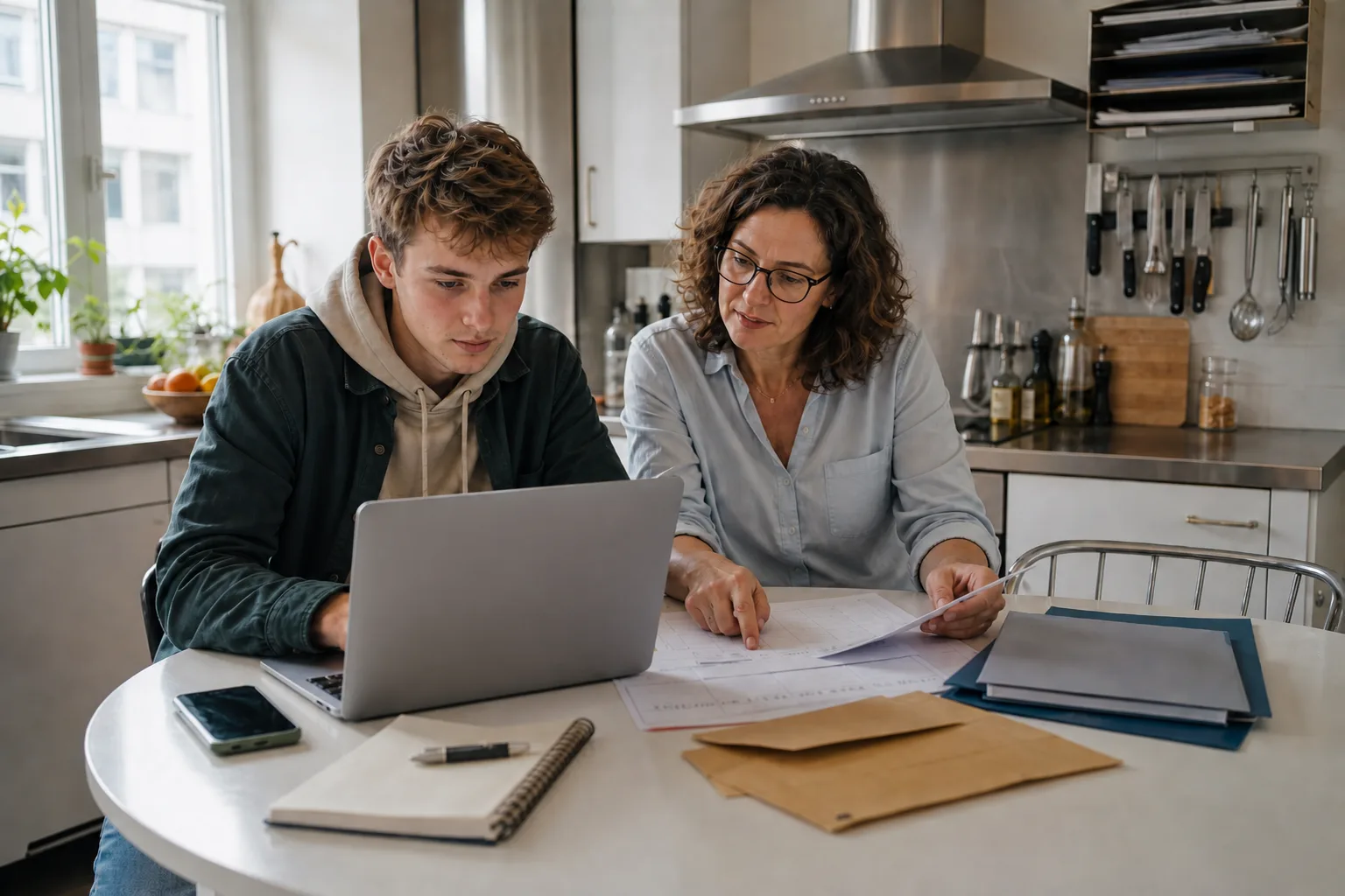 Elternteil und angehender Studierender ordnen gemeinsam Unterlagen und Fristen vor einem Laptop.