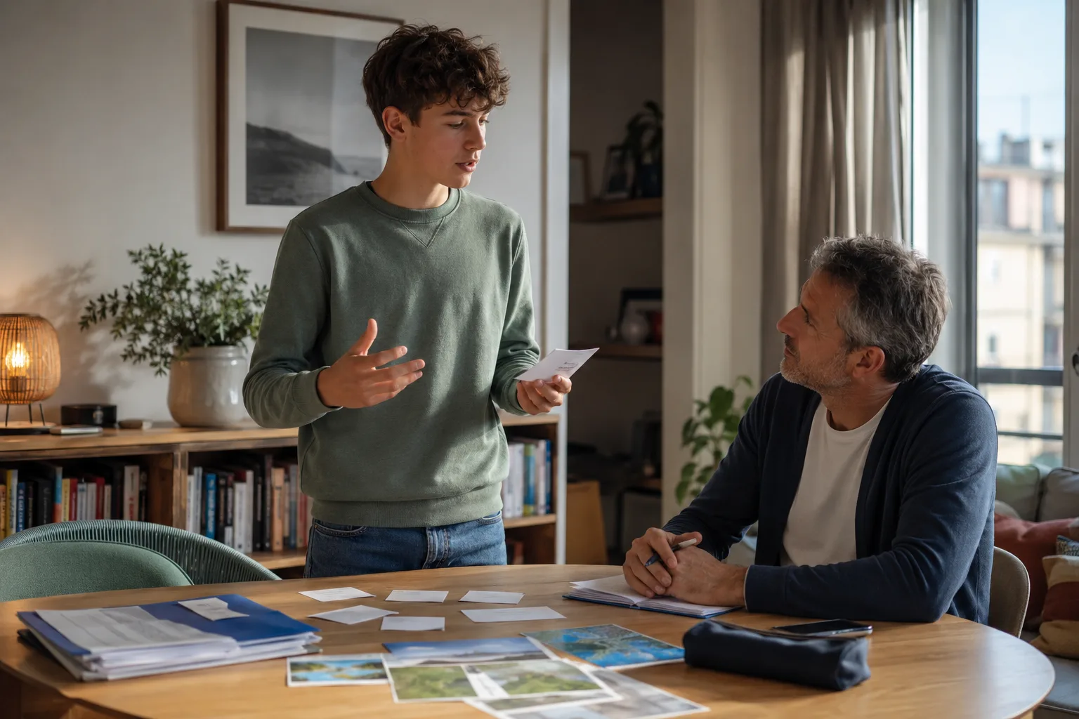Un adolescent s’entraîne à l’oral du brevet avec des cartes de mots-clés pendant qu’un parent l’écoute à la maison.