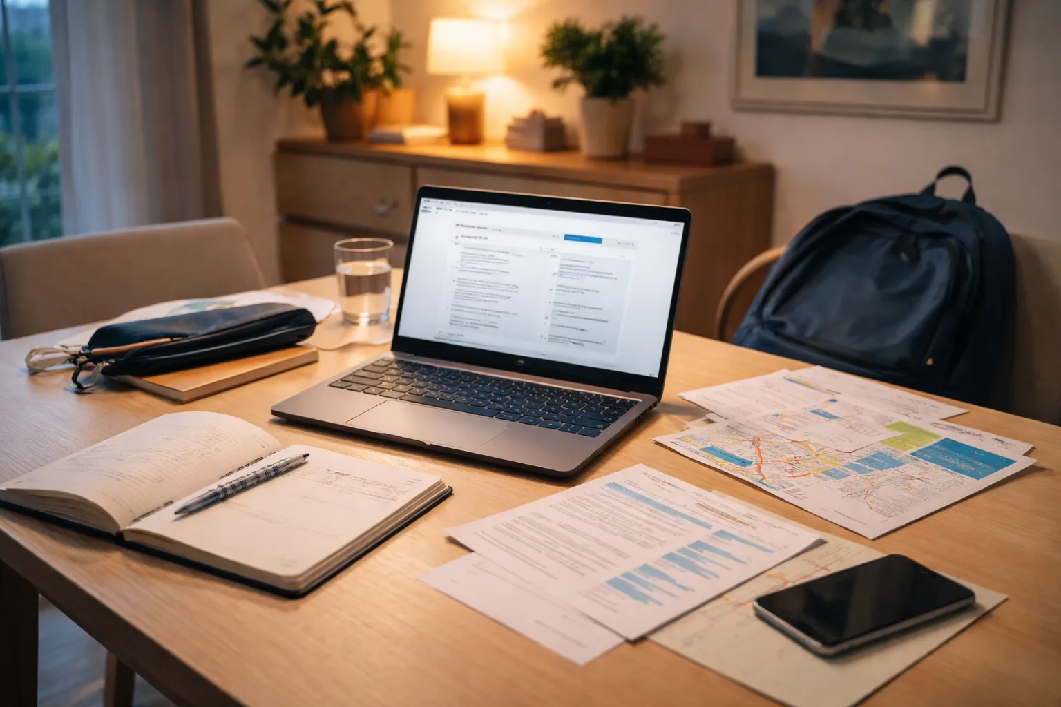 Une table de maison avec ordinateur, carnet et repères de trajet pour organiser une recherche de stage de seconde.