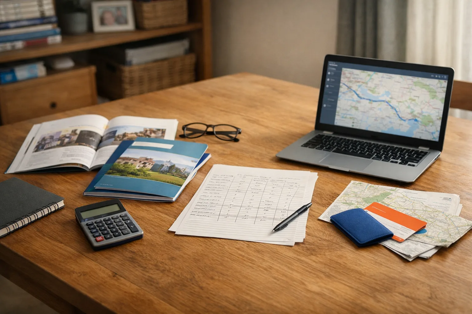 Sixth form prospectuses, a handwritten comparison list and travel planning materials spread across a family dining table.