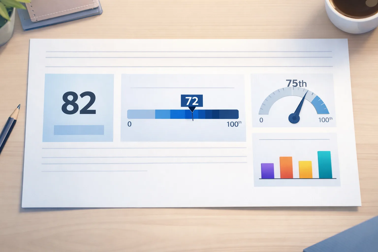 Concept illustration of a score report separating raw score, scaled score, percentile and sub-scores.