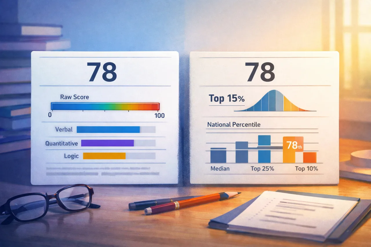 Concept illustration of two similar score reports whose meaning changes because the comparison context is different.