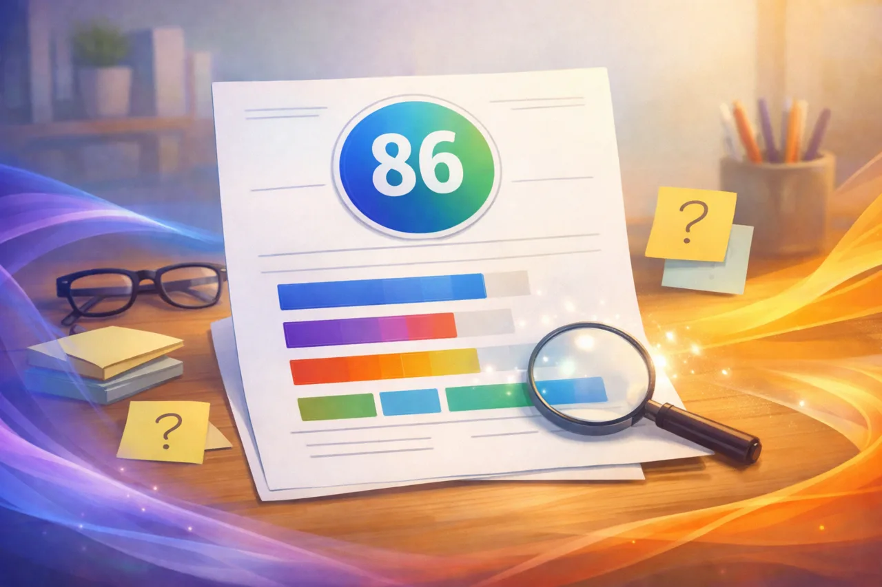 Concept illustration showing a main score above several smaller domain scores, emphasising that sub-scores are only clues.